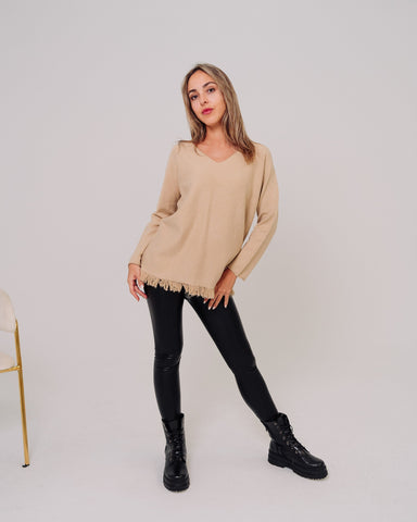 Maglione beige donna con frange made in Italy