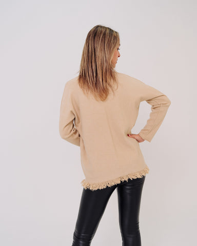 Maglione beige donna con frange made in Italy