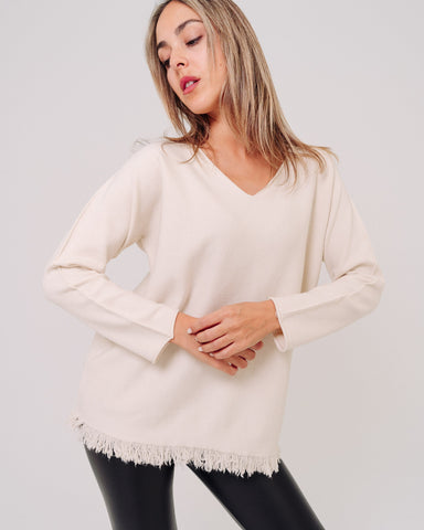 Maglione bianco donna con frange made in Italy