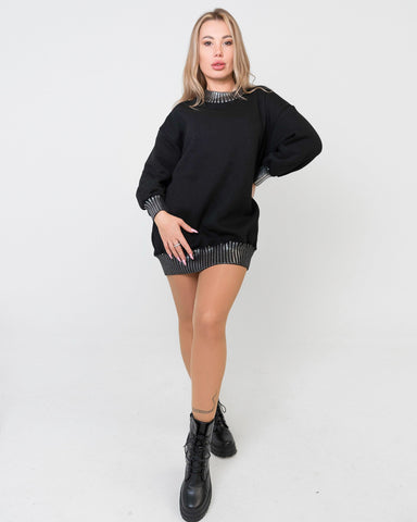 Maglione donna nero lungo con dettagli argento made in Italy