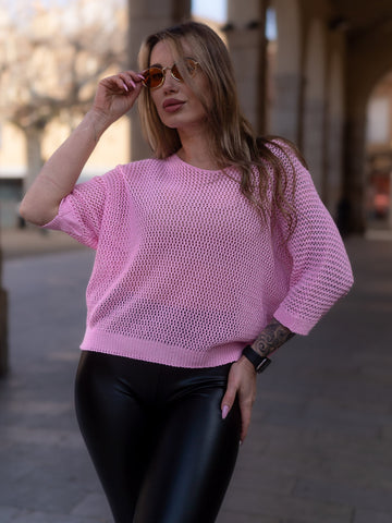 Maglione forato rosa manica corta made in italy