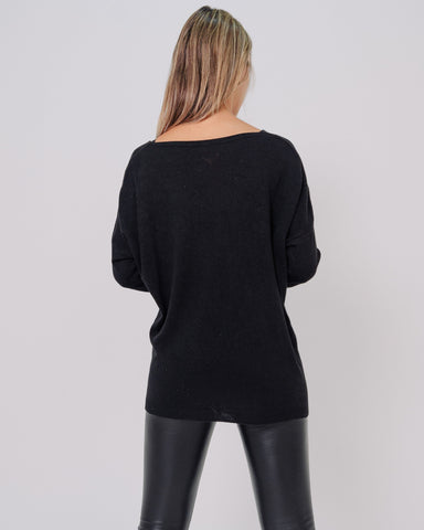 Maglione nero donna scollo V made in Italy