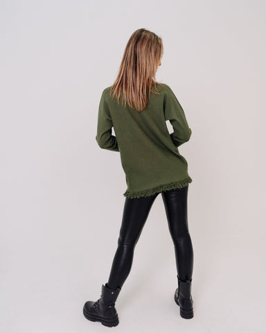 Maglione verde donna con frange made in Italy