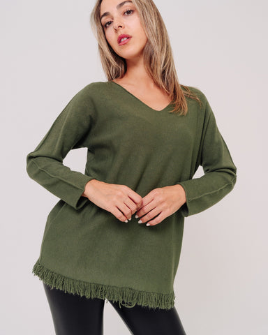 Maglione verde donna con frange made in Italy