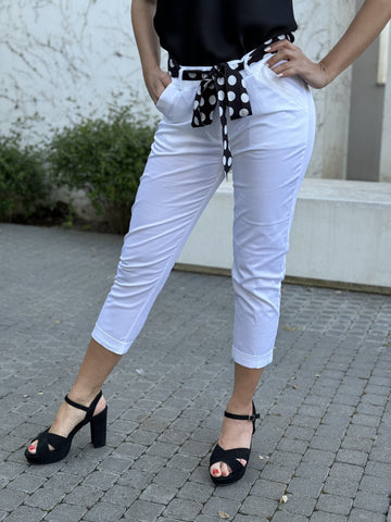 Pantalone donna bianco con cinta in tessuto